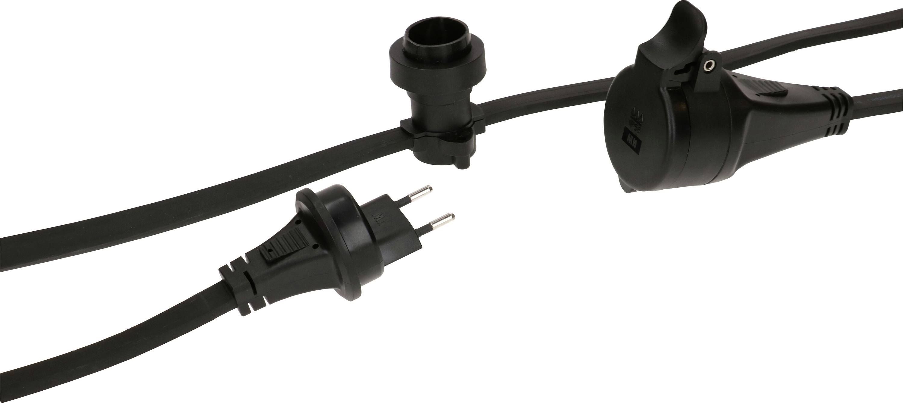 Un câble électrique noir avec une fiche de terre et un coupleur, présenté dans un état déployé.