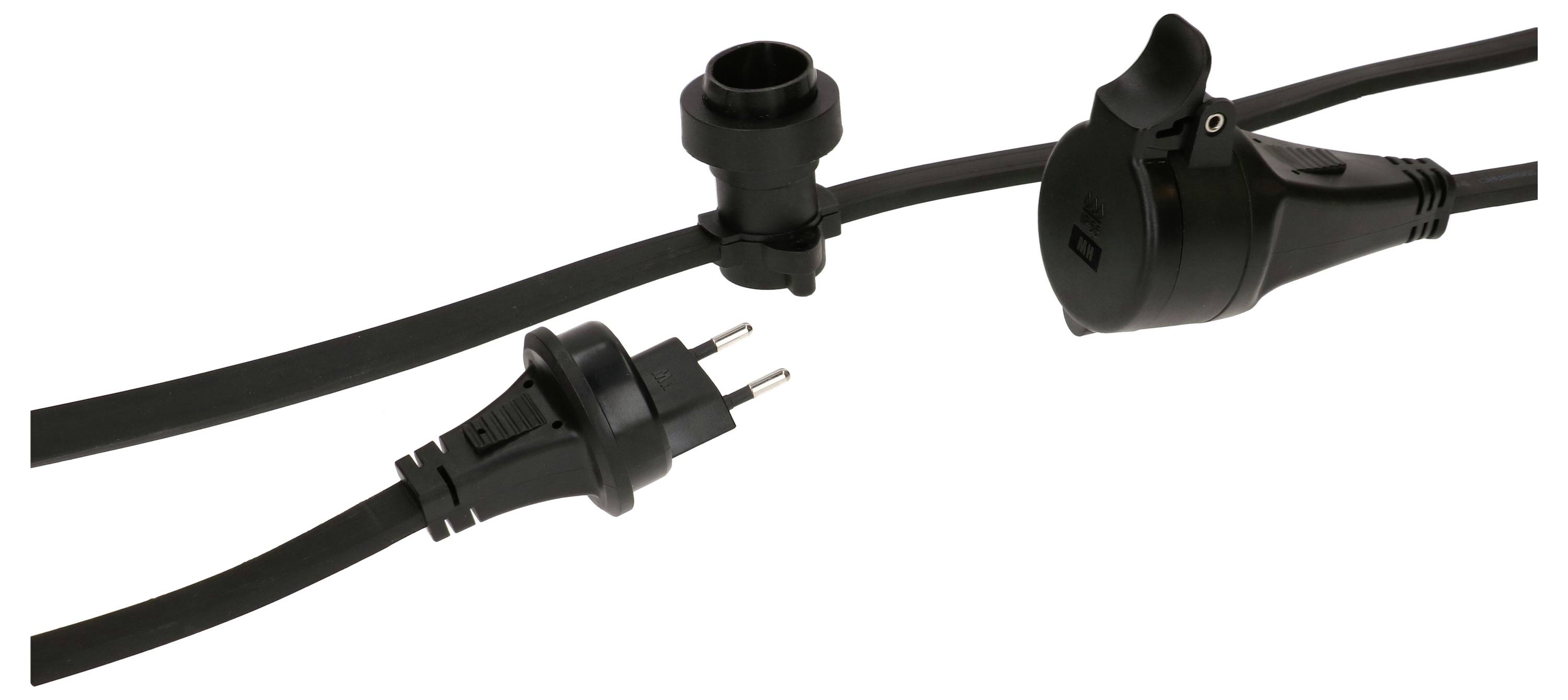 Rallonge électrique noire avec fiche, prise et dérivation. Adaptée pour connecter plusieurs appareils dans un même circuit électrique.