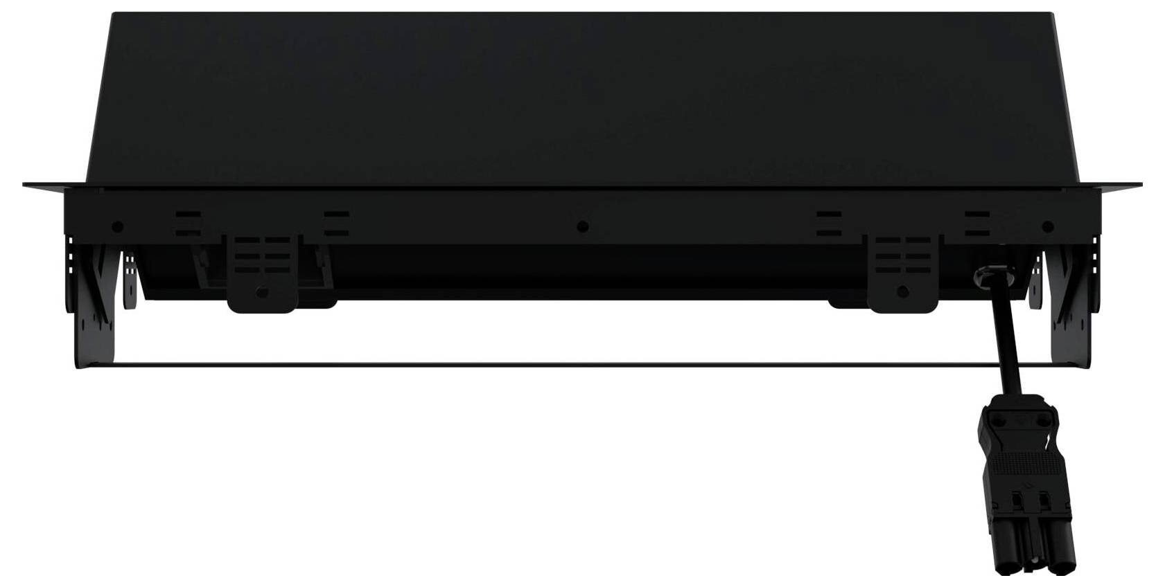 Un insert de ventilation rectangulaire noir, vue de face. Un câble de connexion dépasse sur le côté droit.