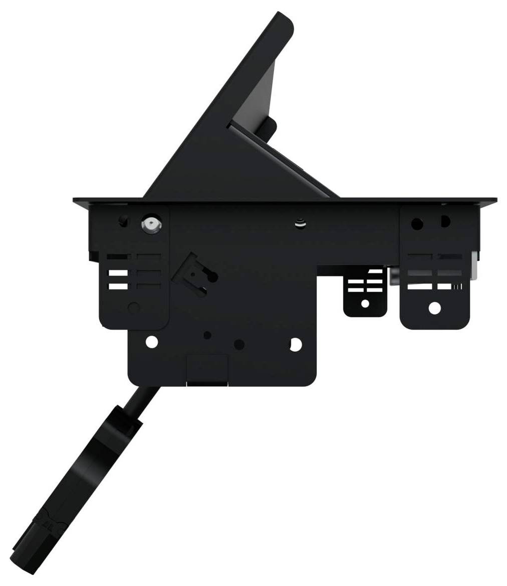 Vue latérale d'un appareil noir fixé au mur, doté d'un bras ajustable et d'un câble. Il semble adapté pour des équipements audio ou vidéo.
