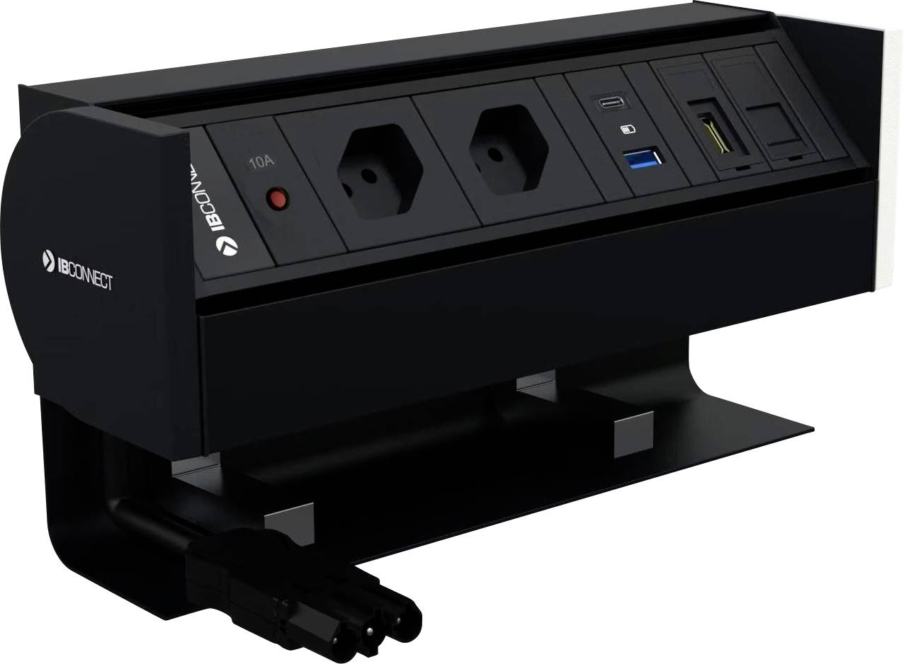 Boîtier de connexion de table noir avec deux prises électriques, ports USB-A et USB-C, ainsi qu'une connexion pour câble réseau. Adapté aux postes de travail de bureau.