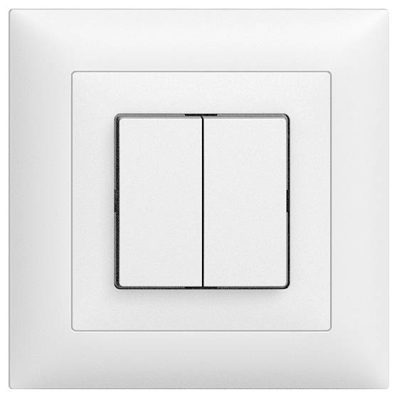 Interrupteur blanc sur un mur, composé de deux touches rectangulaires permettant de commander deux sources lumineuses.