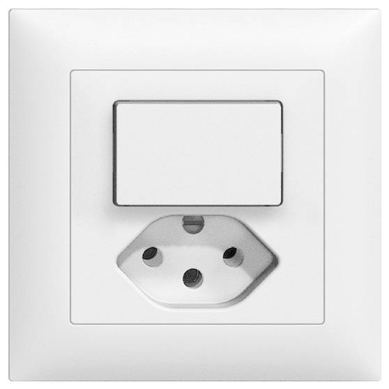 Prise électrique blanche avec un couvercle rectangulaire en haut et une douille tripolaire en bas. Adaptée à différents types de fiches.