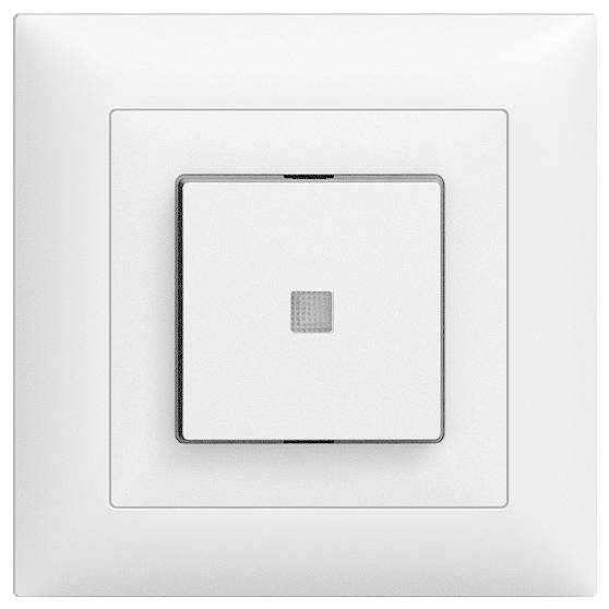 Un interrupteur blanc au design carré, avec un petit motif carré au centre, monté sur un mur.
