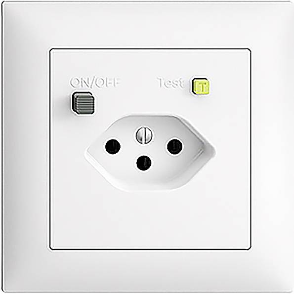 Prise électrique blanche avec deux interrupteurs : 'Marche/Arrêt' et 'Test'. Convient aux appareils électriques d'intérieur.