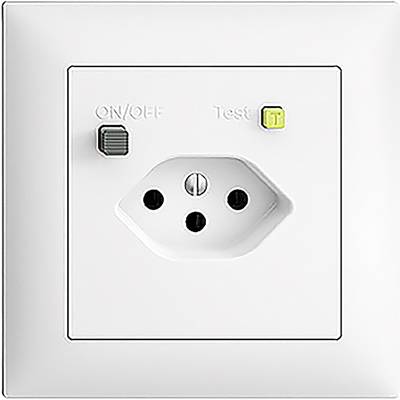 Prise électrique blanche avec deux interrupteurs : 'Marche/Arrêt' et 'Test'. Convient aux appareils électriques d'intérieur.