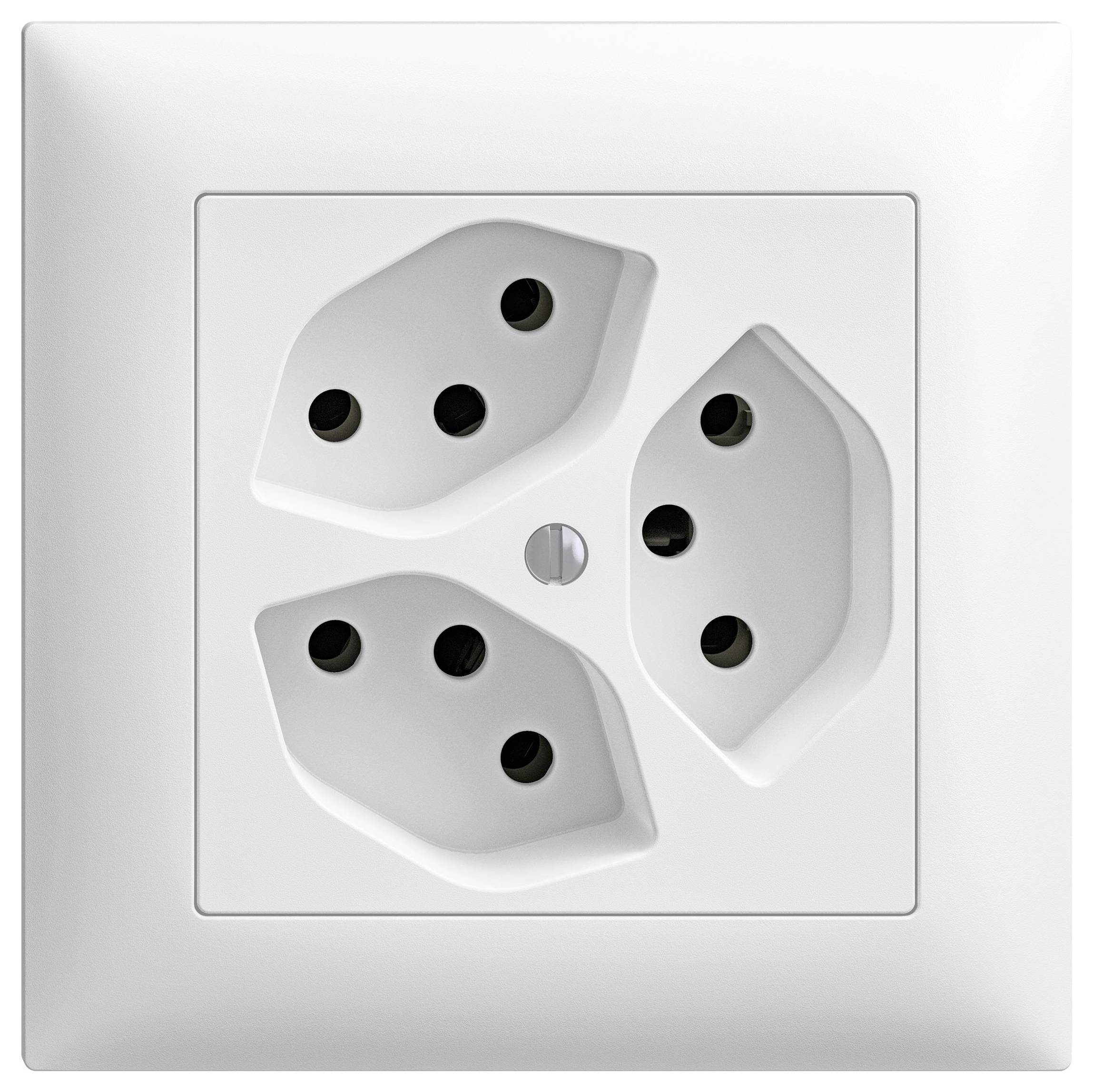 Prise murale blanche triple, disposée en hexagone, compatible avec différents types de fiches électriques.