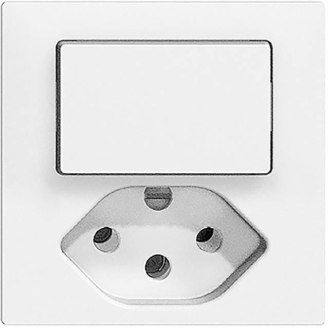 Interrupteur blanc au design clair et minimaliste, rectangulaire, placé au-dessus d'une prise de courant triangulaire dans un espace moderne.