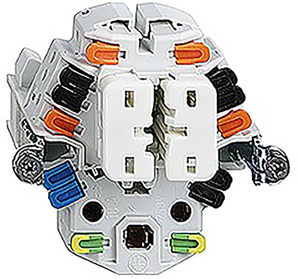 Un adaptateur électrique gris avec plusieurs connexions colorées pour le câblage ; adapté aux installations complexes.