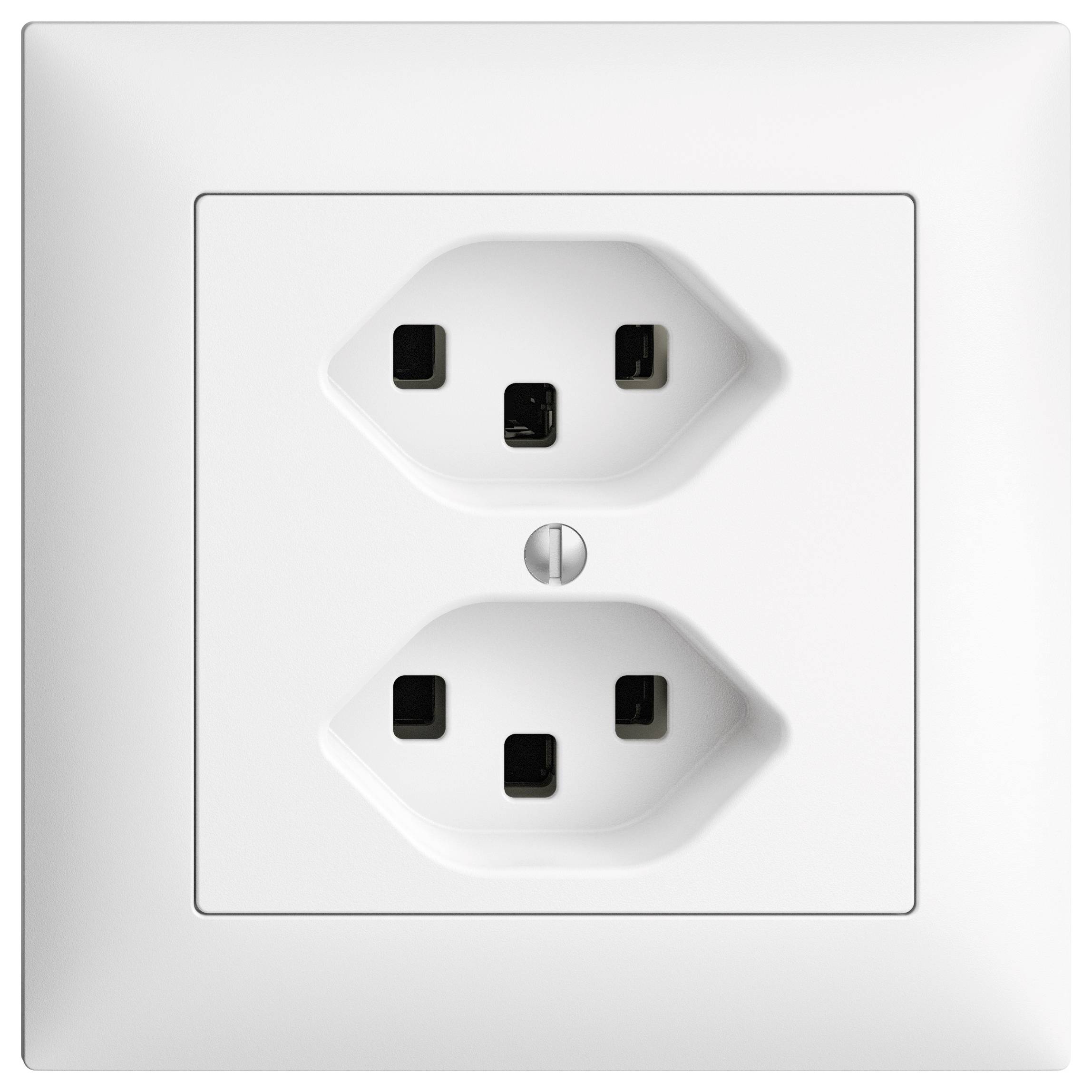 Prise double blanche encastrée dans un mur, offrant un espace pour deux fiches. Le design est moderne et minimaliste, adapté aux fiches standard.