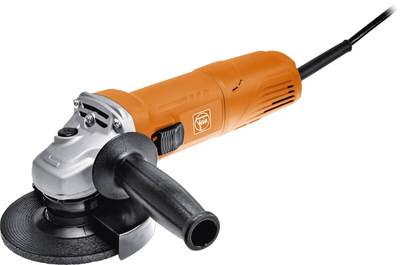 Une meuleuse d'angle compacte avec un boîtier orange et une poignée noire, adaptée aux travaux de meulage et de coupe.