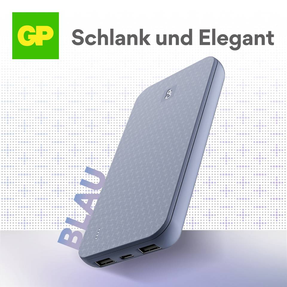 Disque dur externe bleu portant l'inscription 'Fin et Élégant'. Logo de la marque en vert en haut à gauche.