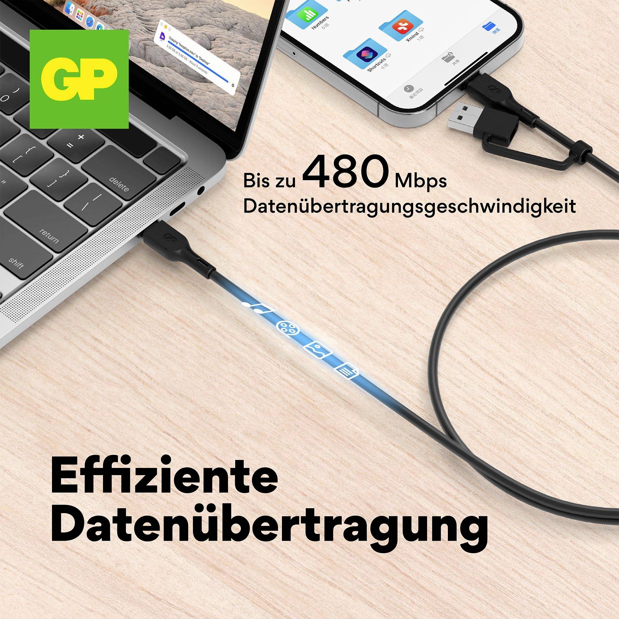 Gros plan d'un ordinateur portable connecté à un câble USB. Texte : Transfert de données efficace, jusqu'à 480 Mbps de vitesse.
