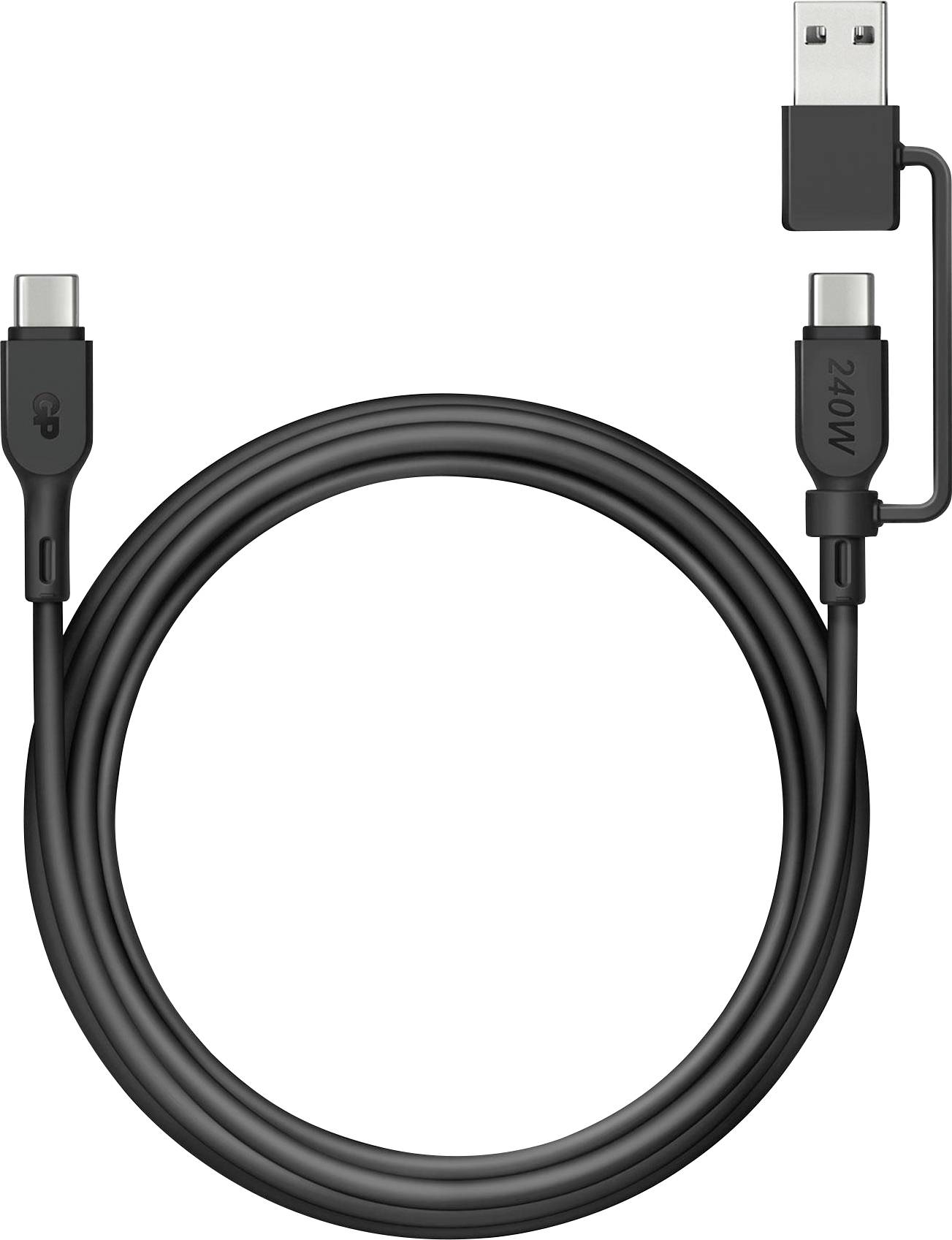 Câble USB noir avec un connecteur USB-C et un connecteur USB traditionnel ; adapté pour la charge et le transfert de données.