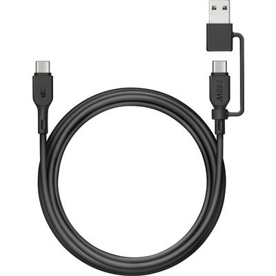 Câble USB noir avec un connecteur USB-C et un connecteur USB traditionnel ; adapté pour la charge et le transfert de données.