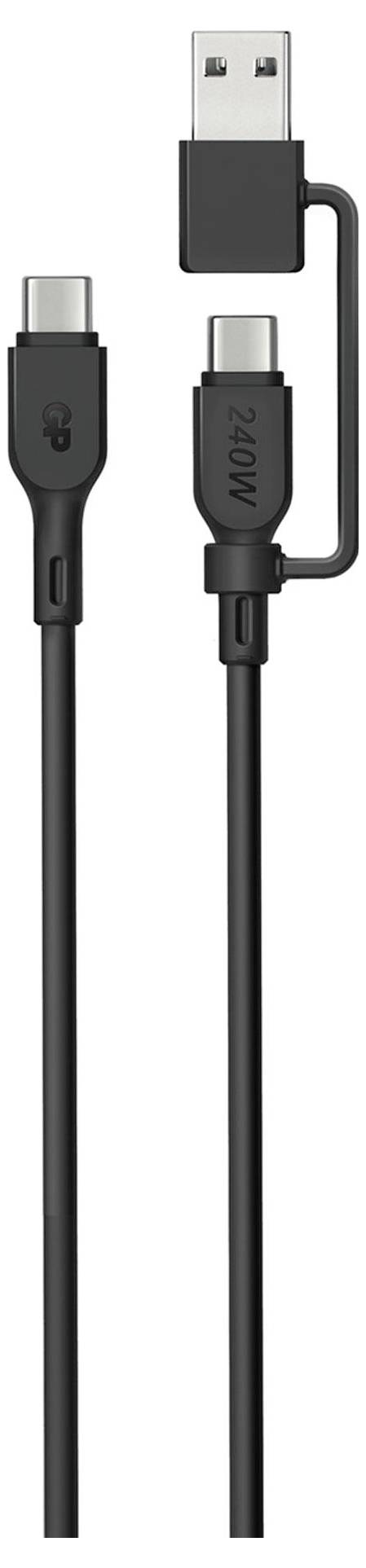 Câble USB noir avec connecteurs USB-A et USB-C, illustrant la polyvalence pour différentes connexions d'appareils.