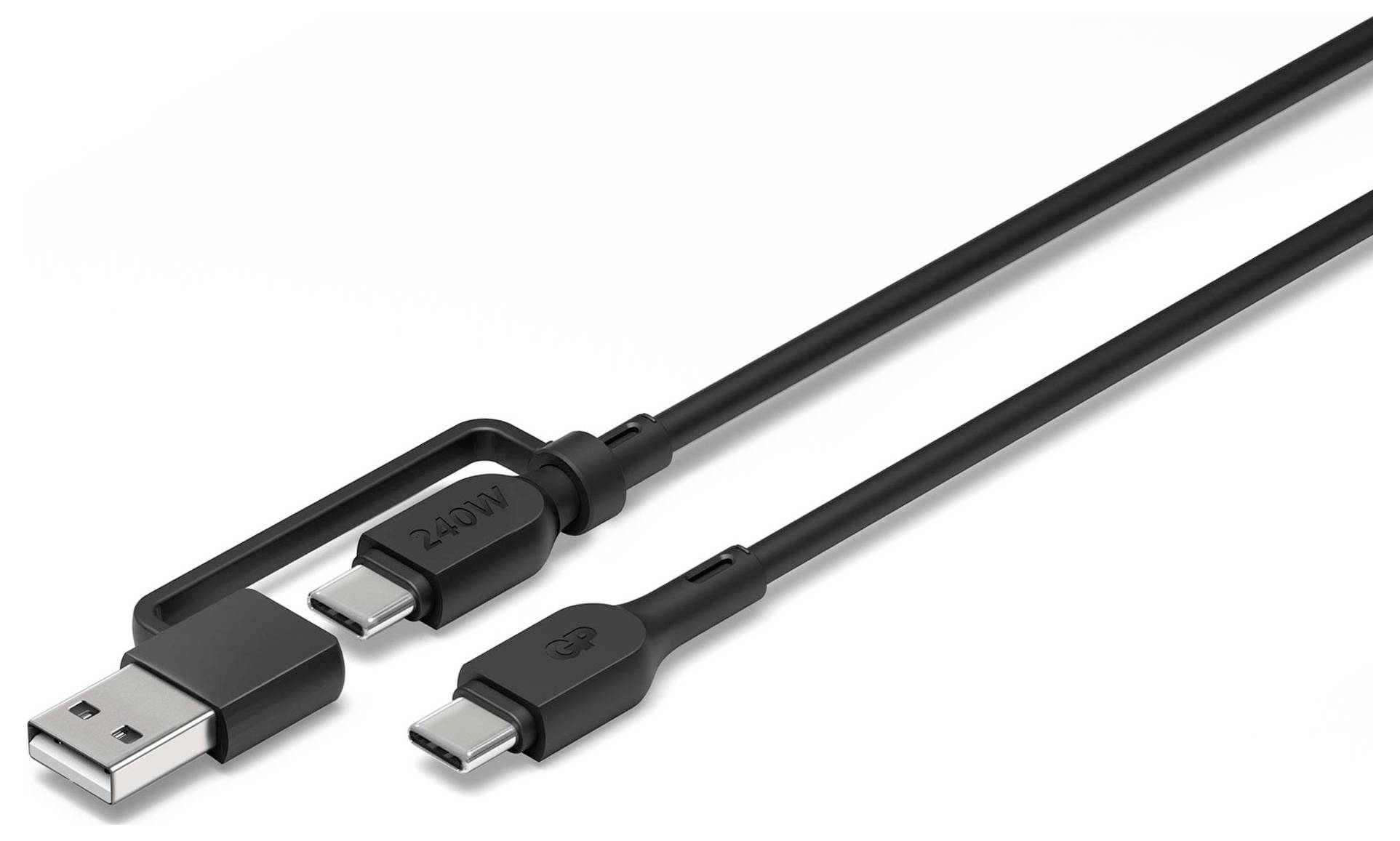 Câble USB à trois connecteurs : USB-A, USB-C et Micro-USB. Adapté pour le transfert de données et la charge de divers appareils.
