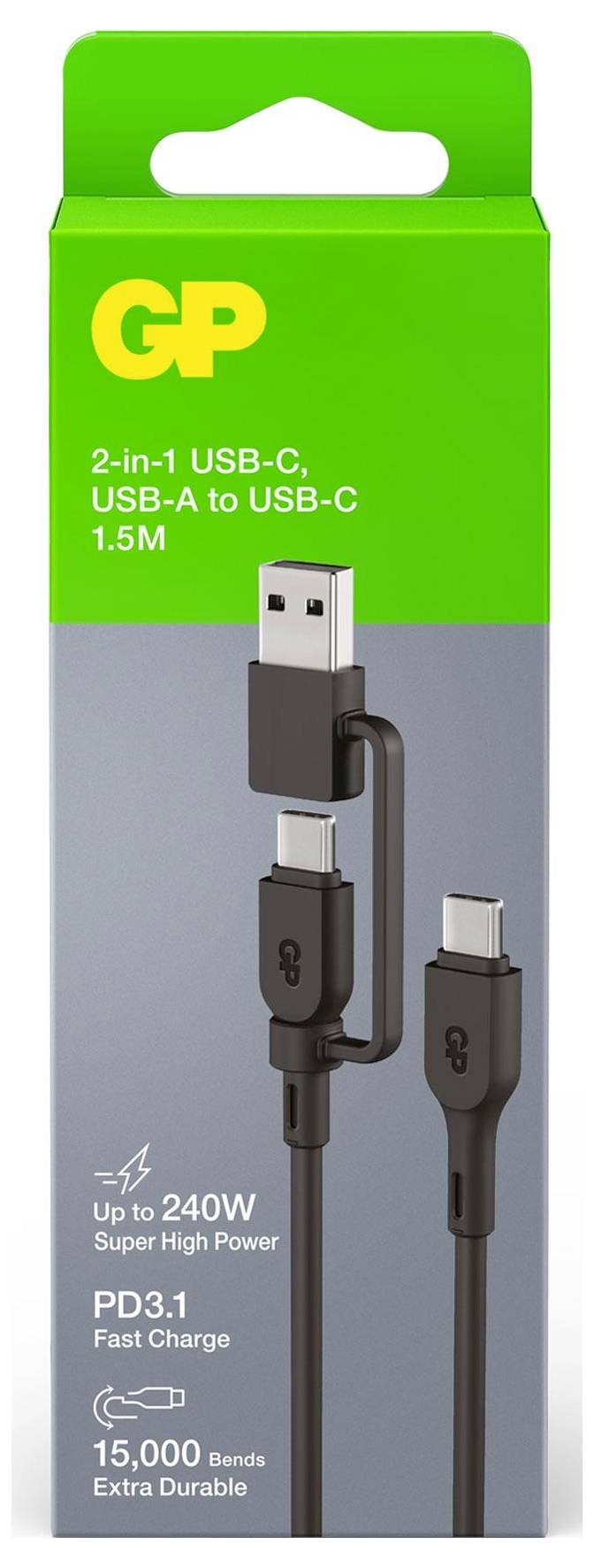 Emballage d'un câble 2-en-1 USB-C vers USB-A et USB-C, longueur de 1,5 mètre, puissance de 240W, vitesse de charge PD3.1, résistant à 15 000 pliages.