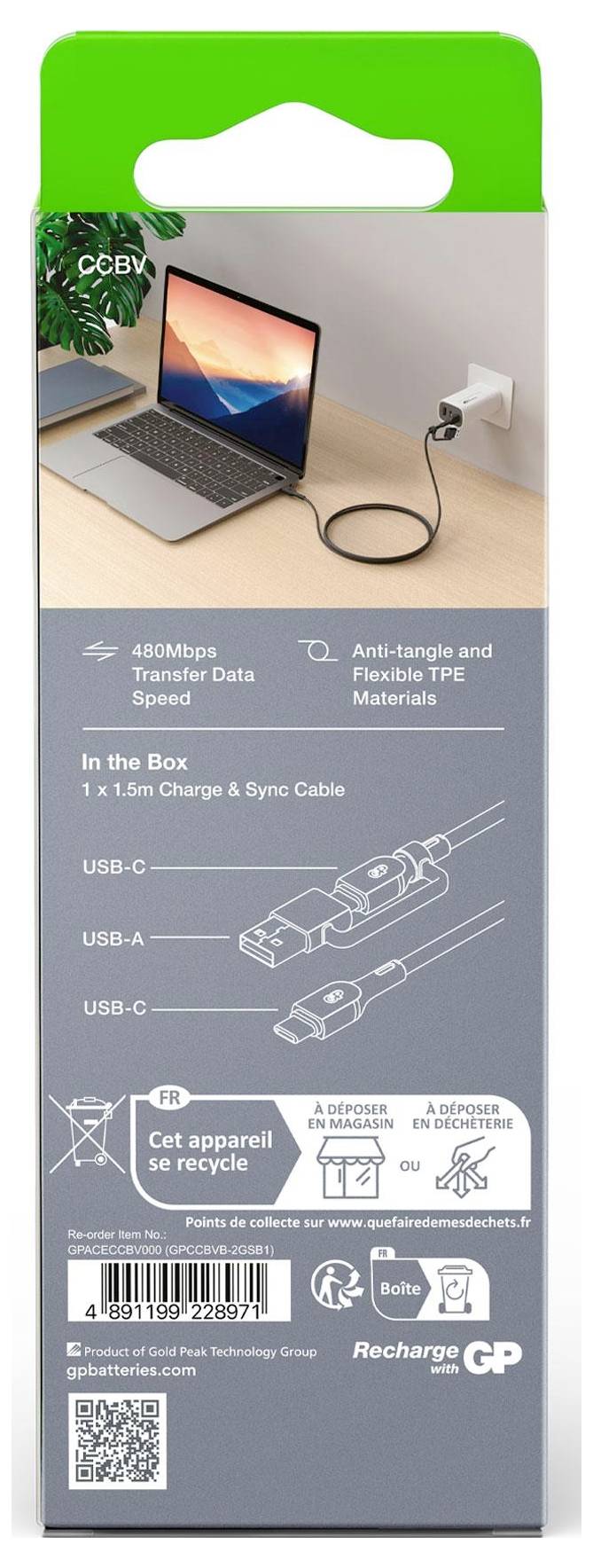 Étiquette d'emballage verte pour un câble USB. Indique l'application de connexion et les spécifications : transmission 480 Mbps, câble de 1,5 m.