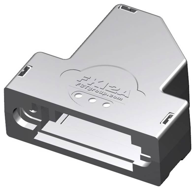 Une image en gros plan d'un connecteur électronique gris et angulaire étiqueté avec « Ruida Smart Power ». Le connecteur possède plusieurs ports et rainures.