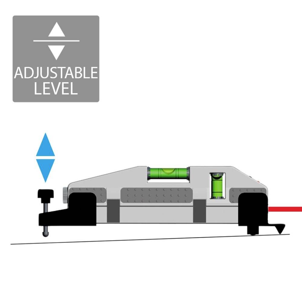 Outil de nivellement sur une table avec un niveau à bulle, des flèches pour l'ajustement et le texte "ADJUSTABLE LEVEL" en gris en haut à gauche.