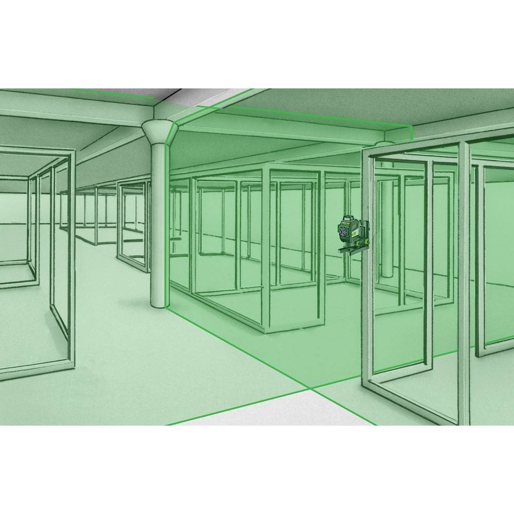 Un appareil de mesure laser 3D projette des lignes vertes dans une grande pièce vide avec des structures de cadres carrés.