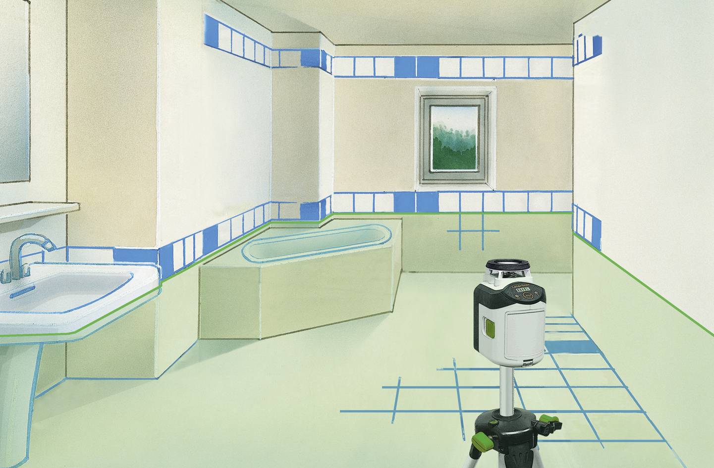 Une salle de bain aux tons pastel avec une baignoire, un lavabo et un motif de carrelage. Un appareil laser de mesure est posé sur le sol.