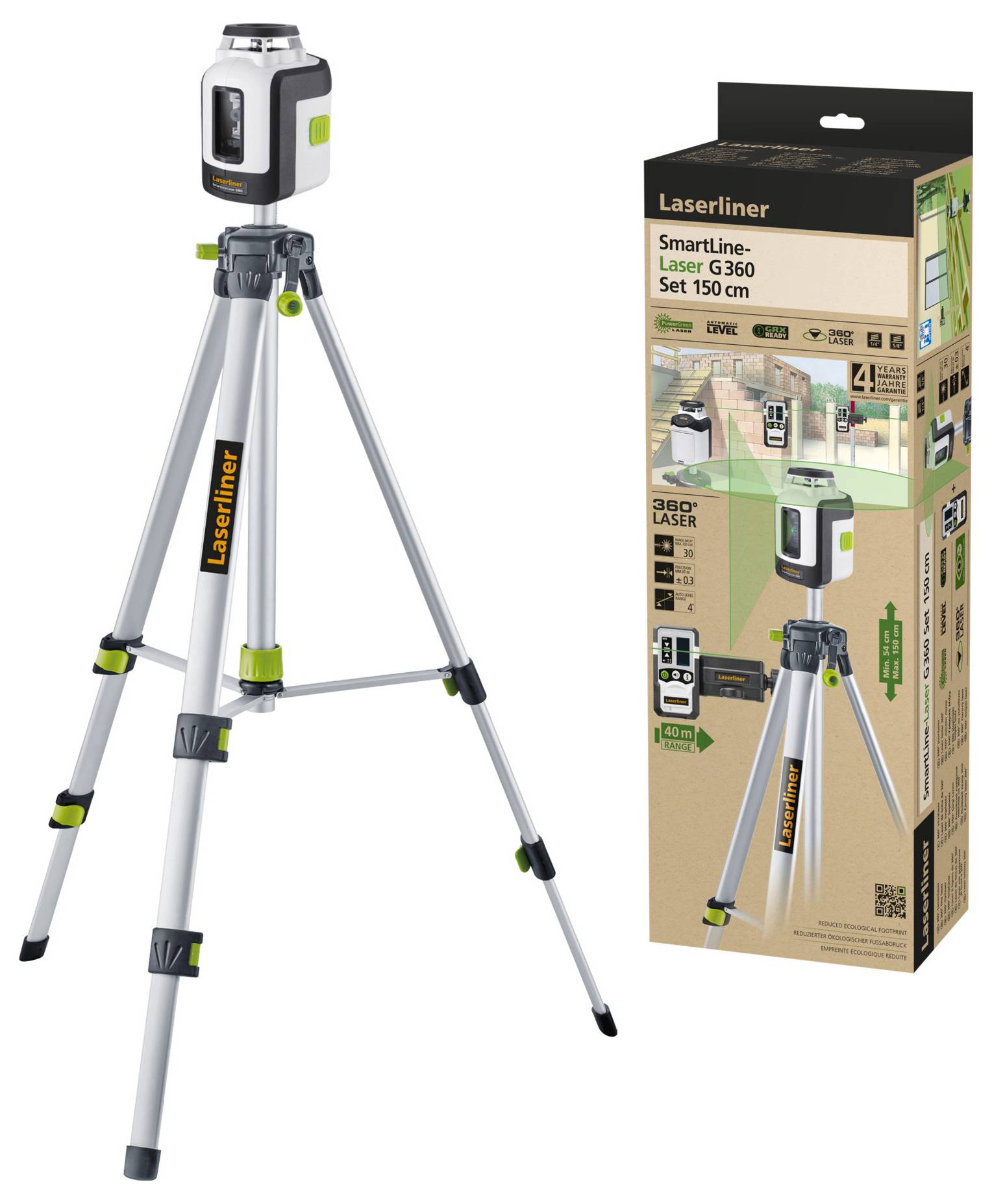 Niveau laser avec trépied. La boîte d'emballage présente des applications, y compris des utilisations dans la construction et l'architecture intérieure.