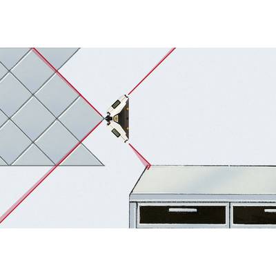 Un appareil de nivellement laser projette des lignes rouges pour aligner précisément des carreaux de sol et un bureau.