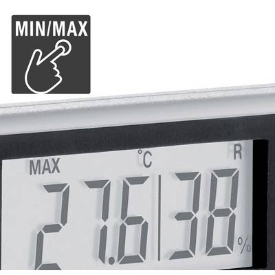 Le thermomètre numérique affiche 27,6 °C et 38 % d'humidité relative. En haut à gauche, le symbole de la fonction Minimum/Maximum.