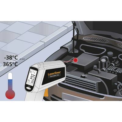 Un thermomètre infrarouge mesure la température d'un moteur automobile dans une plage allant de -38 °C à 365 °C. Le thermomètre et le moteur sont représentés sur l'image.