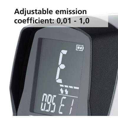 Un appareil de mesure numérique avec affichage. Texte : « Coefficient d'émission réglable : 0,01 - 1,0 »