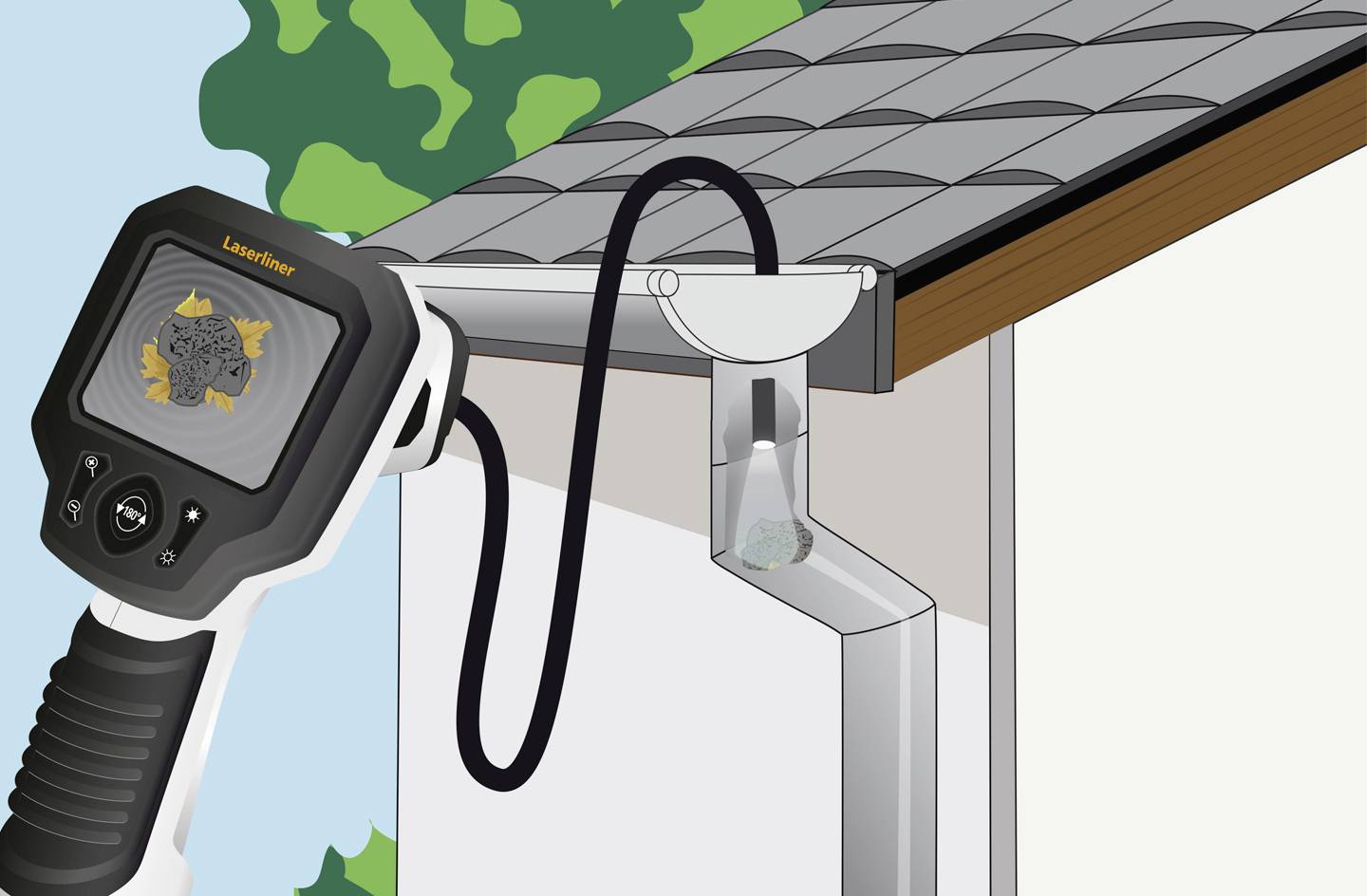 Un appareil portatif mesure l'humidité via une connexion électrique sur une gouttière. Des arbres sont visibles en arrière-plan.