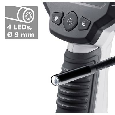 Une caméra d'inspection avec un câble flexible et un embout à LED, adaptée aux endroits difficiles d'accès. Texte : '4 LEDs, Ø 9 mm'.