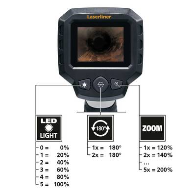 Caméra d'inspection portable avec écran d'affichage et boutons pour réglage de l'éclairage LED et zoom. Luminosité et grossissement adaptables et visibles.