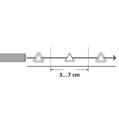 Une esquisse horizontale en noir et blanc montre un objet de mesure avec trois flèches et une distance marquée de 3 à 7 cm entre les flèches.