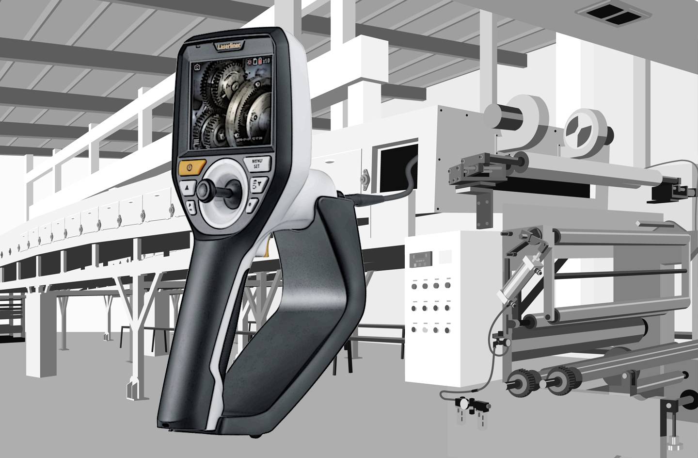 Un appareil portable d'inspection est montré devant une grande machine d'impression industrielle. L'appareil affiche des engrenages sur son écran.