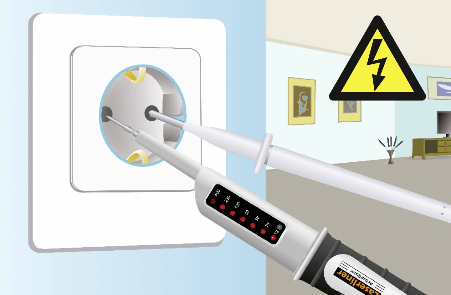 'Un tournevis testeur vérifie la tension de la prise ; un panneau d'avertissement de danger électrique en arrière-plan ; environnement de salon.'
