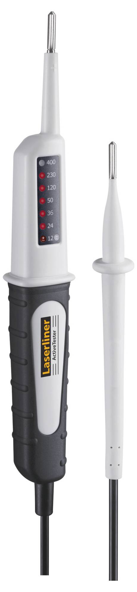 Testeur de tension avec affichage numérique et deux sondes pour mesurer la tension électrique. Adapté à différentes plages de tension.