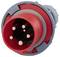Connecteur industriel à cinq broches, boîtier rouge et gris, utilisé pour des connexions électriques sécurisées dans des applications industrielles.