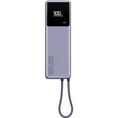 Batterie externe grise avec affichage numérique indiquant '100%', marquée '165W MAX' et d'une capacité de 10 000 mAh.
