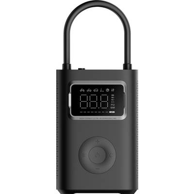 Compresseur d'air électronique portable noir avec affichage numérique. Affiche la pression des pneus en bars, avec des symboles pour voitures, vélos et autres types de véhicules.