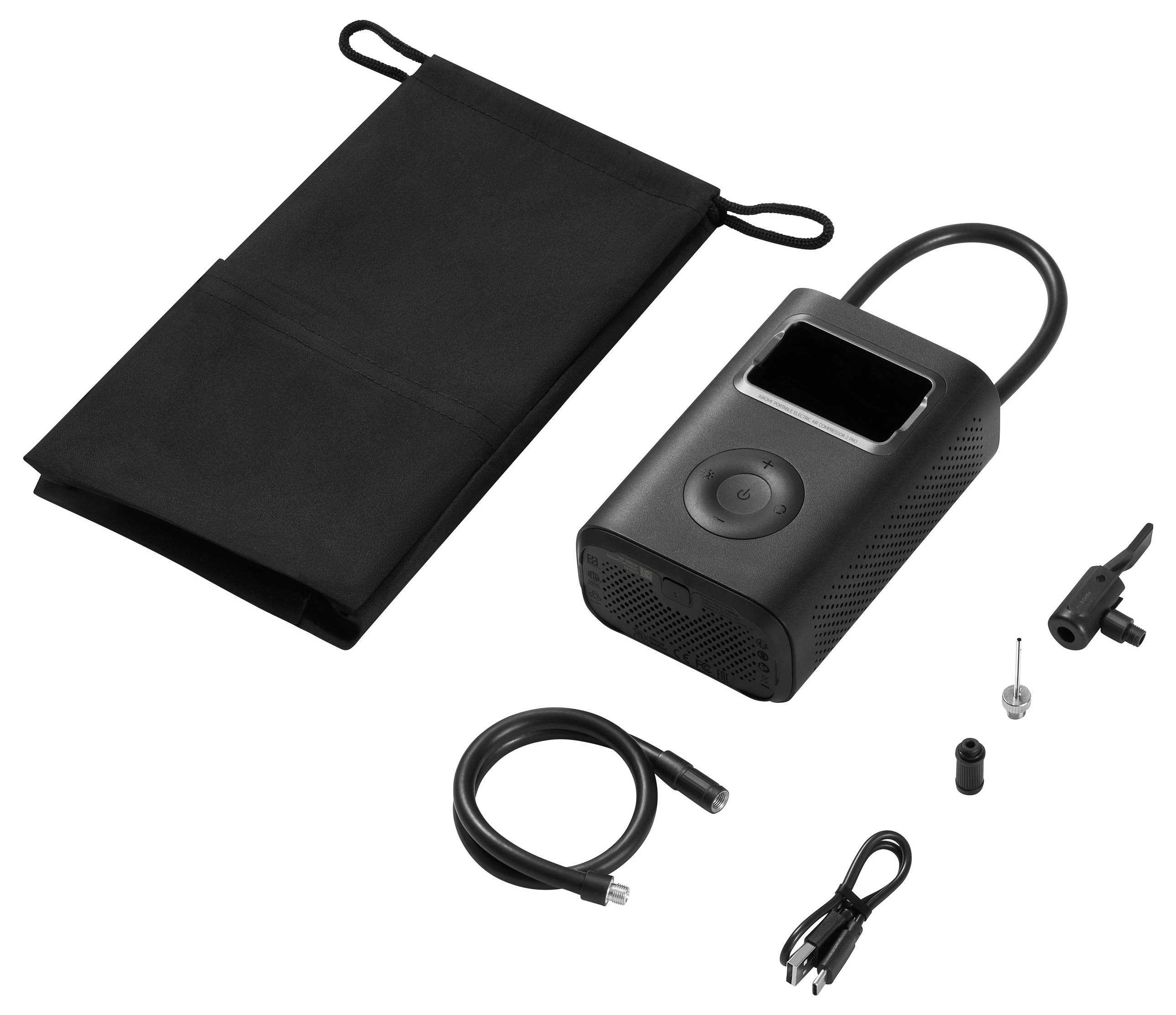 Compresseur portable pour pneus avec accessoires : appareil noir, sacoche de rangement, câble, adaptateur de valve et aiguille. Idéal pour les pneus de voiture et de vélo.