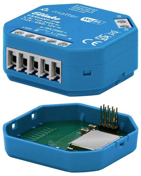 Composant électronique bleu avec plusieurs connexions et vue ouverte sur le circuit interne. Prend en charge Matter et WiFi.