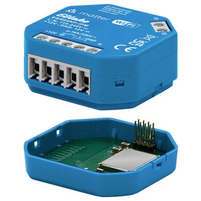 Composant électronique bleu avec plusieurs connexions et vue ouverte sur le circuit interne. Prend en charge Matter et WiFi.