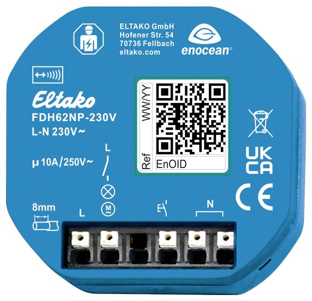 Un actionneur de commutation électrique bleu avec des bornes et un code QR. Le texte comprend des spécifications techniques : 230V, 10A/250V~, et des logos de marque.