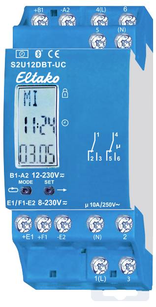 Image d'un relais temporel bleu Eltako S2U12DBT-UC avec affichage numérique et plusieurs connexions, montrant l'heure et la date.