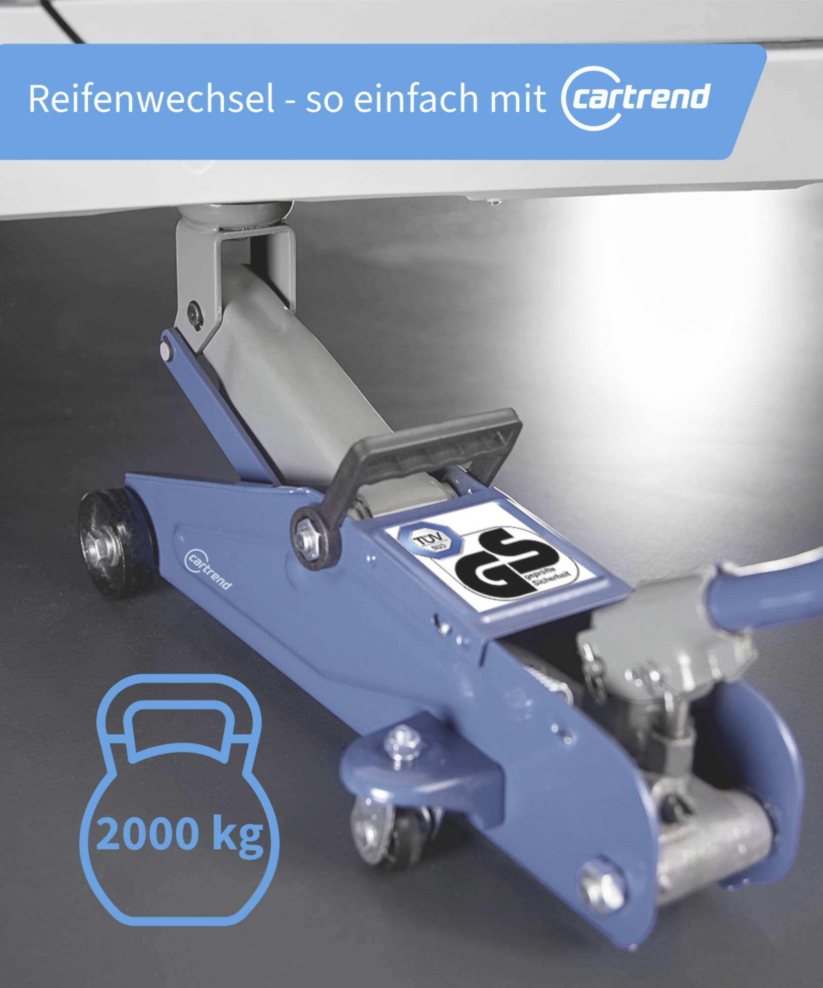 Un cric bleu portant l'inscription '2000 kg', soulevant un véhicule. En haut est écrit 'Changement de pneu - aussi simple avec cartrend'.