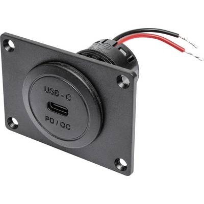 Prise USB-C noire avec l'inscription 'USB-C PD/QC'. Deux câbles, l'un rouge et l'autre noir, en sortent. Plaque de montage avec quatre trous de vis.