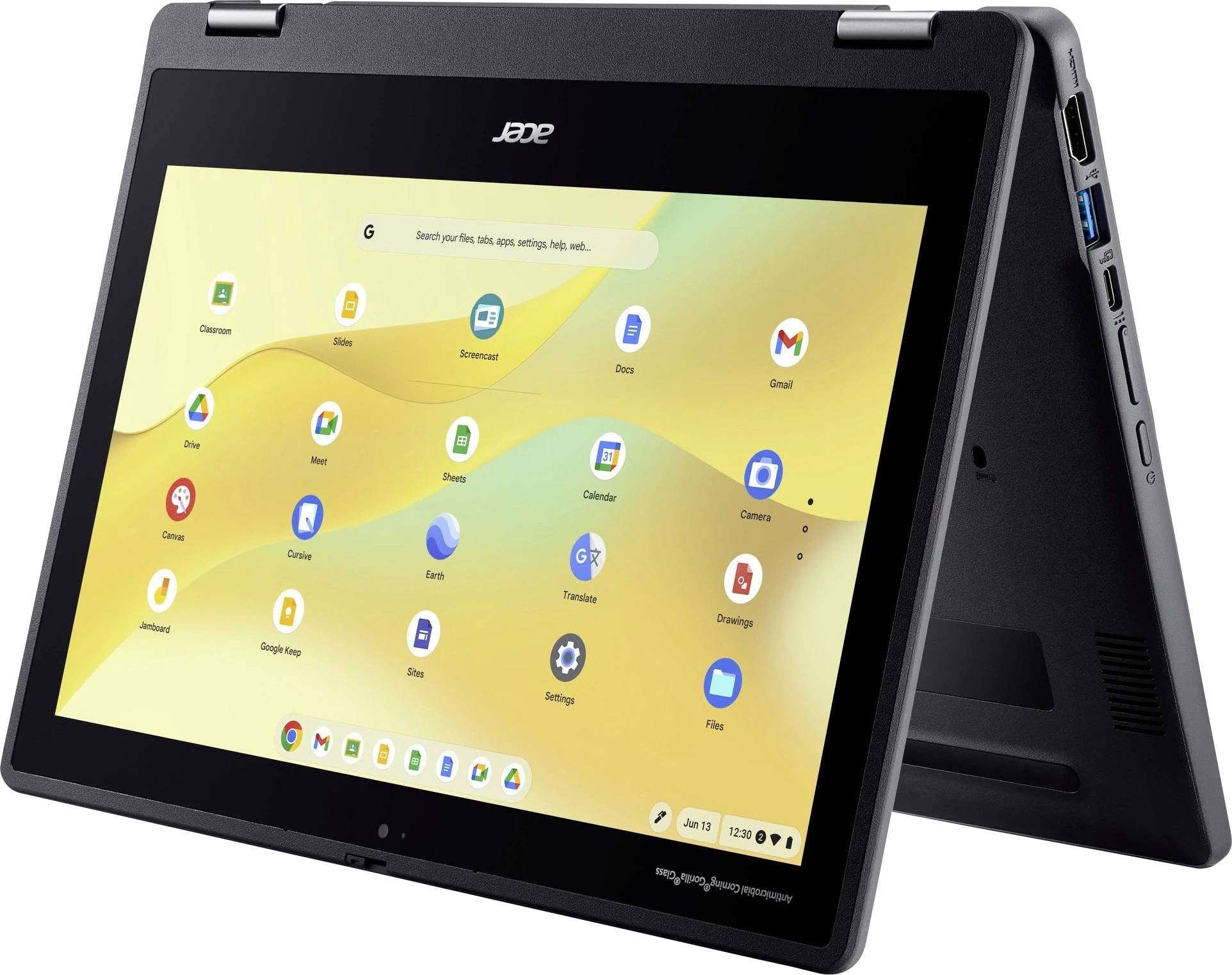Un Acer Chromebook en mode tablette avec son écran ouvert affiche une interface utilisateur avec des icônes d'applications sur un fond jaune.